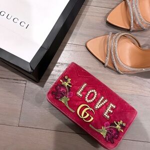 Gucci Bag Red-raspberry color,embroidered flowers and embroidered LOVE. rare bag